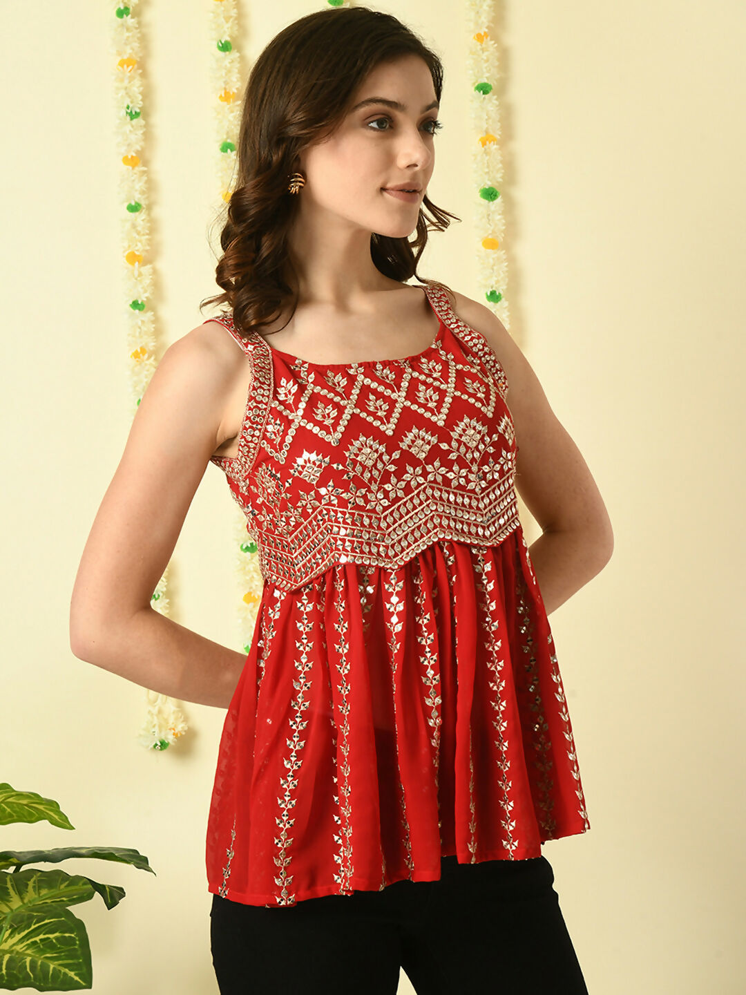 Myshka Women's Red Embroidered Party Fusion Top - Distacart