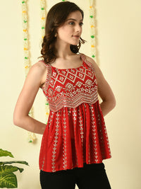 Thumbnail for Myshka Women's Red Embroidered Party Fusion Top - Distacart