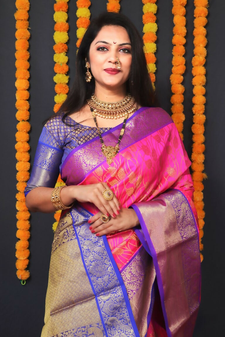 Jyoti Fashion Women's Pink Kanjivaram Silk Zari Woven Saree with Blouse - Distacart