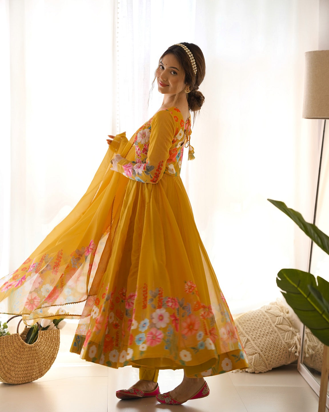 Evanik Yellow Soft Organza Silk With Floral Print Fully Flared Anarkali Pant With Dupatta Set