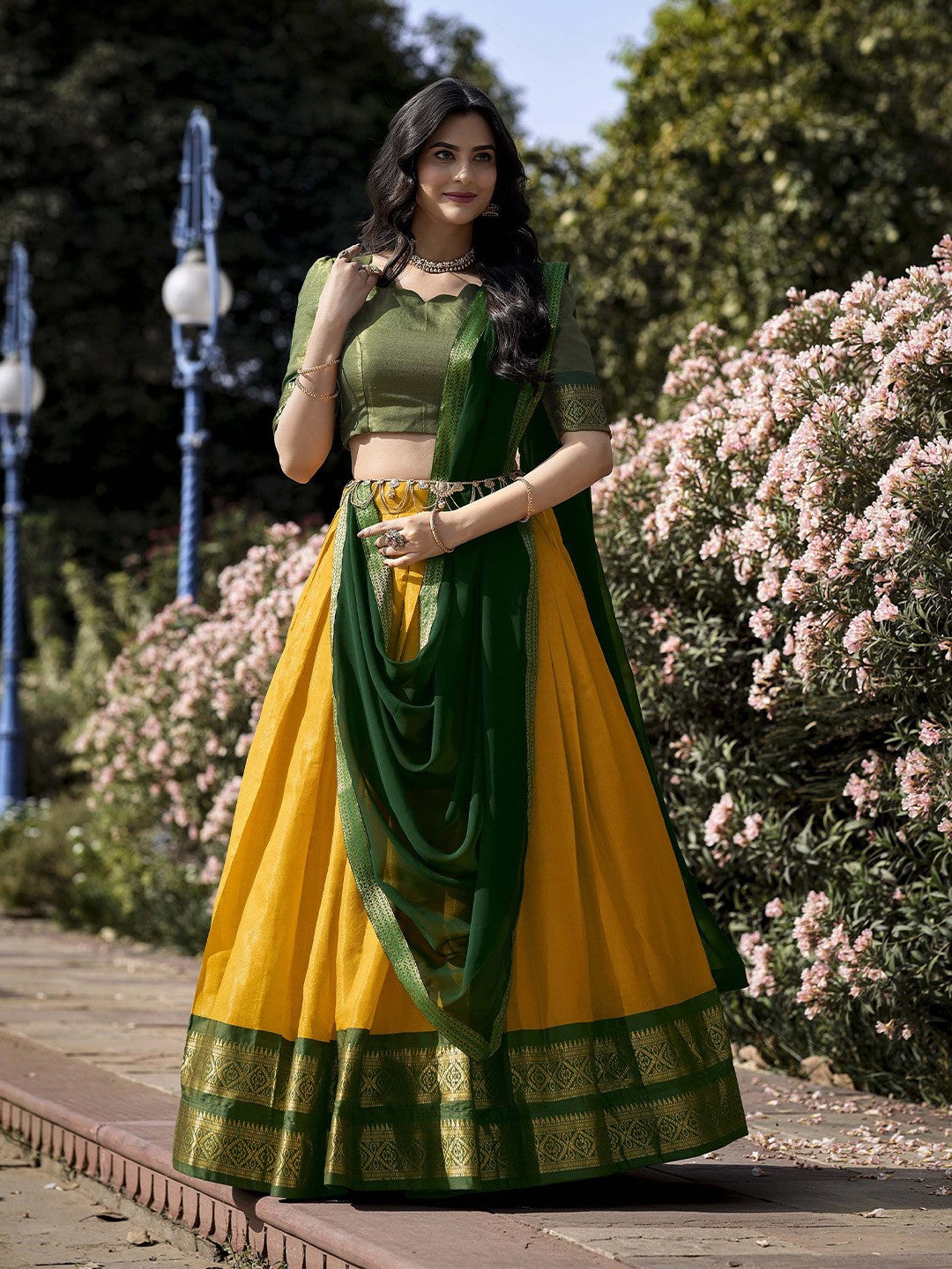 Evanik Women South-Style Kanchipuram Silk Stitched Lehenga With Unstitched Blouse & Dupatta