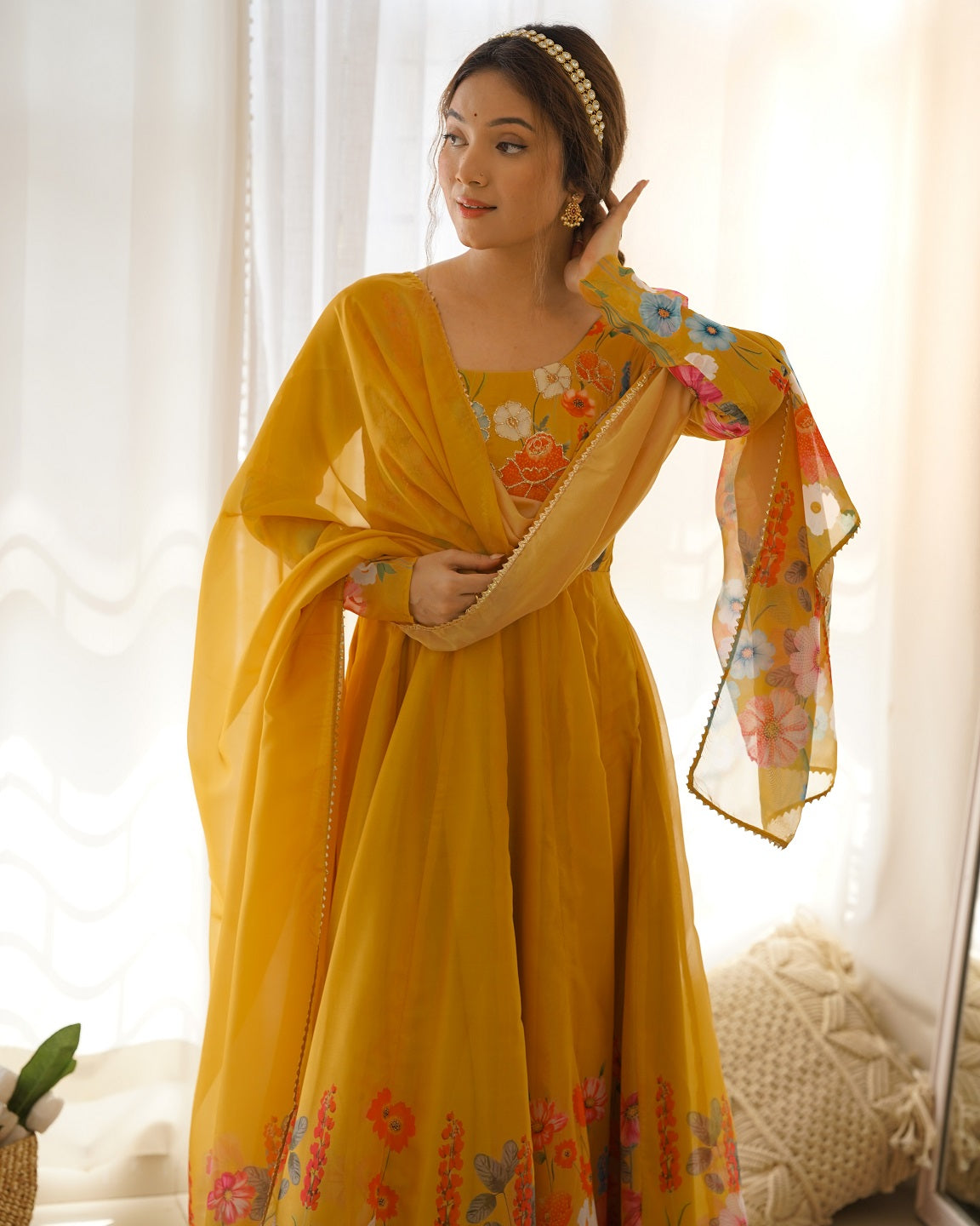 Evanik Yellow Soft Organza Silk With Floral Print Fully Flared Anarkali Pant With Dupatta Set