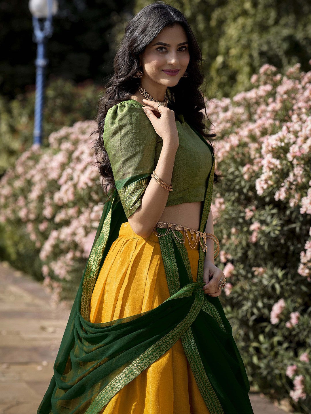 Evanik Women South-Style Kanchipuram Silk Stitched Lehenga With Unstitched Blouse & Dupatta