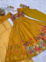 Thumbnail for Evanik Yellow Soft Organza Silk With Floral Print Fully Flared Anarkali Pant With Dupatta Set