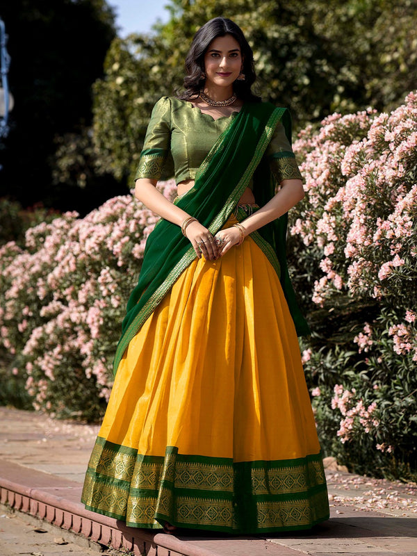 Evanik Women South-Style Kanchipuram Silk Stitched Lehenga With Unstitched Blouse & Dupatta