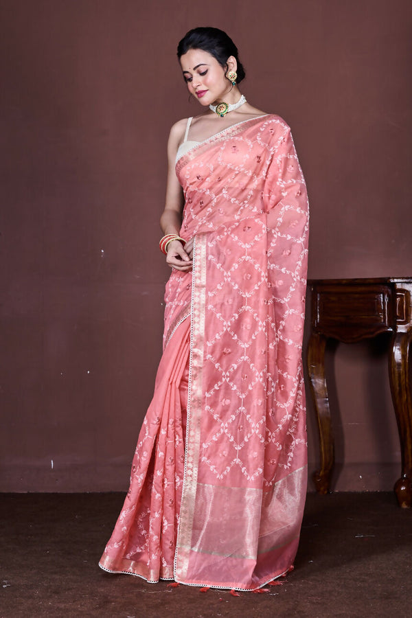 Morchari Peach Cotton Chanderi Embroidery Saree Unstitched Blouse
