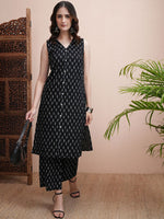 Thumbnail for Vishudh Black Printed Pure Cotton Straight Kurta with Palazzos - Distacart