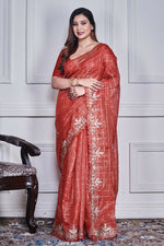 Thumbnail for Morchari Red Kota Check Zari Embroidery Saree Unstitched Blouse