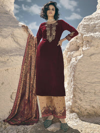 Thumbnail for Aastha Fashion Women's Maroon Velvet Embroidered Kurta with Trouser & Dupatta - Distacart