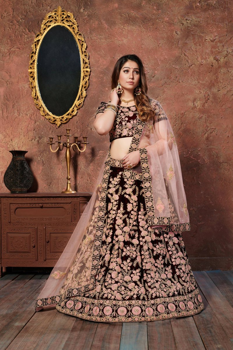 Aastha Fashion Women's Dark Maroon Thread Embroidery Velvet Silk Bridal Lehenga Choli - Distacart