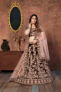 Thumbnail for Aastha Fashion Women's Dark Maroon Thread Embroidery Velvet Silk Bridal Lehenga Choli - Distacart