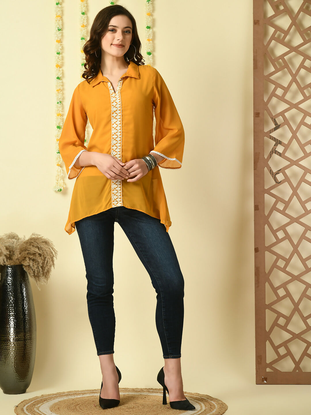 Myshka Women's Mustard Embroidered Party Fusion Top - Distacart