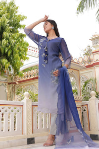 Thumbnail for Vaasva Women Blue Tabby Slik Print & Embroidered Kurta, Pant & Dupatta Set - Distacart