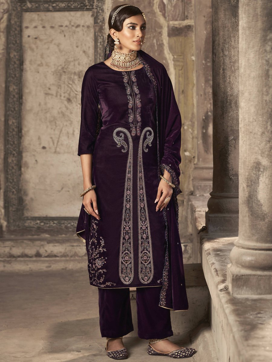 Aastha Fashion Women's Wine Velvet Floral Resham Thread with Jari work Kurta with Trouser & Dupatta - Distacart