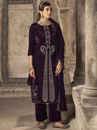 Thumbnail for Aastha Fashion Women's Wine Velvet Floral Resham Thread with Jari work Kurta with Trouser & Dupatta - Distacart