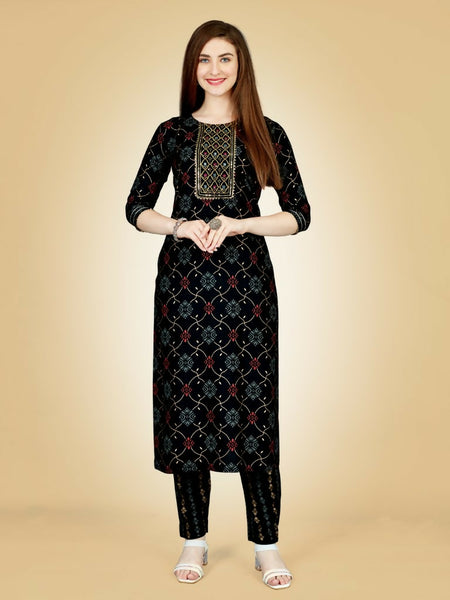 Jyoti Fashion Women's Black Viscose Rayon Embroidered Kurta Pant Set - Distacart