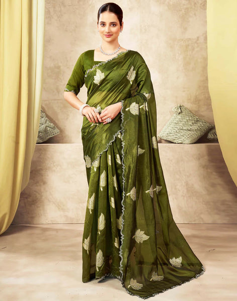 Joban Fashion Olive Green & Golden Silk Blend Embroidery Saree