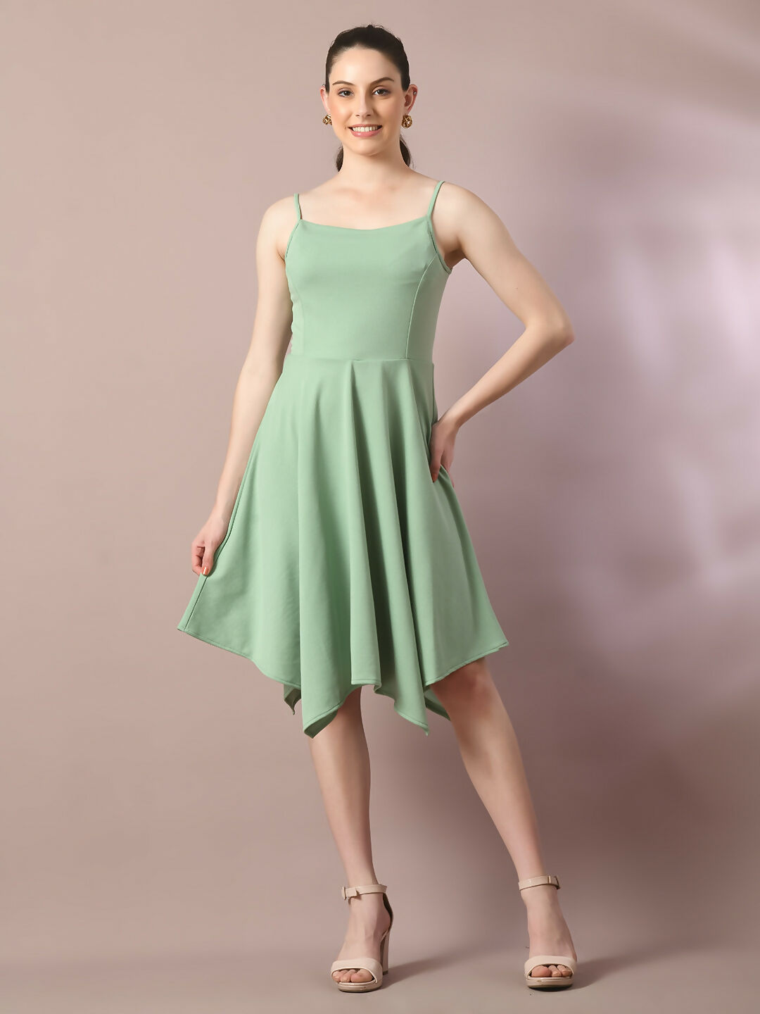Myshka Women's Sea Green Solid Shoulder Straps Fit and Flare Party Dress - Distacart