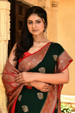 Thumbnail for Joban Fashion Emerald Green Crepe Chiffon Pure Handloom Banarasi Silk Saree