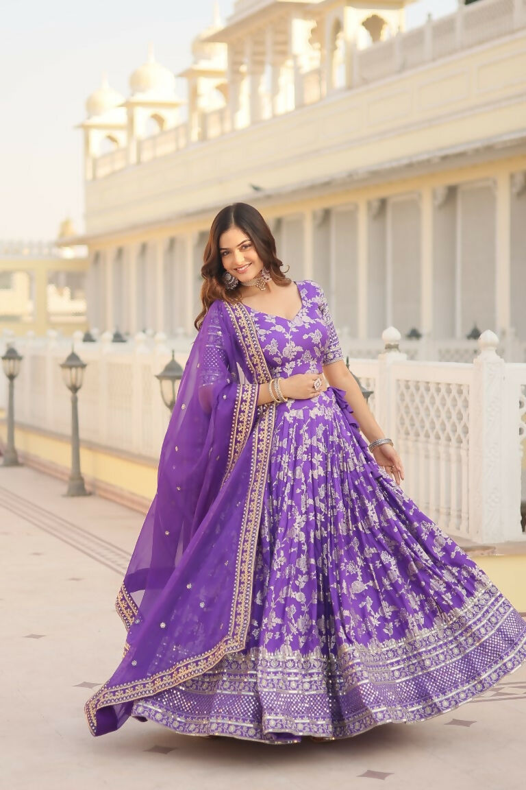 Vastranavya Designer Dyeable Pure Viscose Jacquard Fabric Lehenga Choli & Dupatta Set - Purple - Distacart