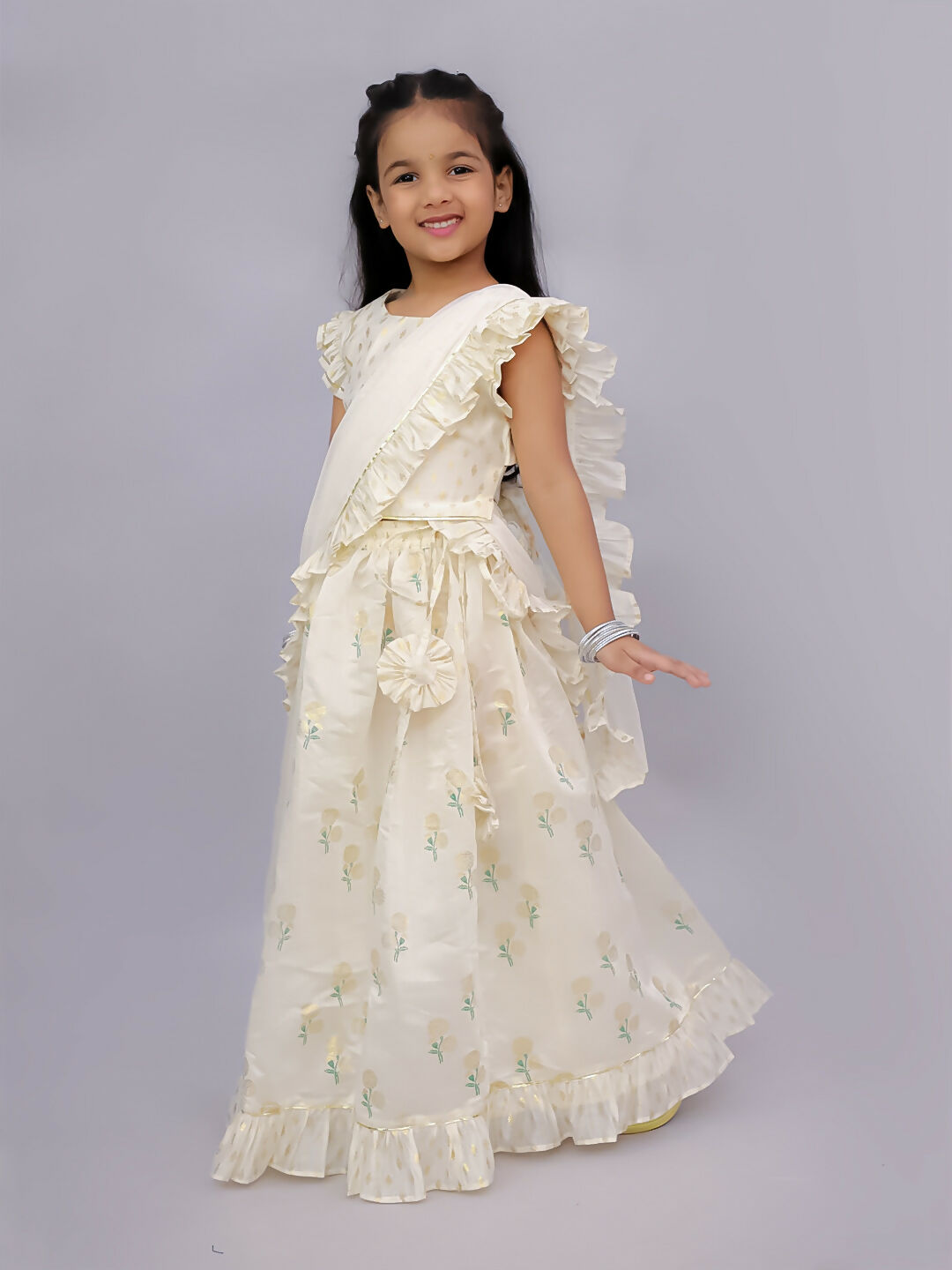 Lil Drama Mishti Off White Lehanga Choli Dupatta Set For Girls