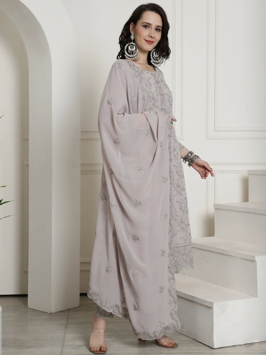 Aastha Fashion Women's Grey Georgette Floral Resham Thread with Cording & Crystal work Kurta with Trouser & Dupatta - Distacart