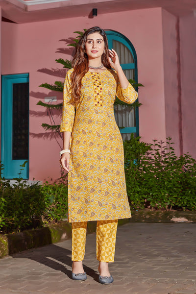 Malishka Women's Yellow Cotton Blend Digital Print & Handwork Kurta Set