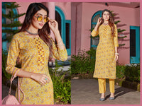 Thumbnail for Malishka Women's Yellow Cotton Blend Digital Print & Handwork Kurta Set