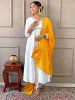 Thumbnail for The52 Women's Gorgeous Embroidery Chandrei Fabric Straight Kurta, Pant and Dupatta Set