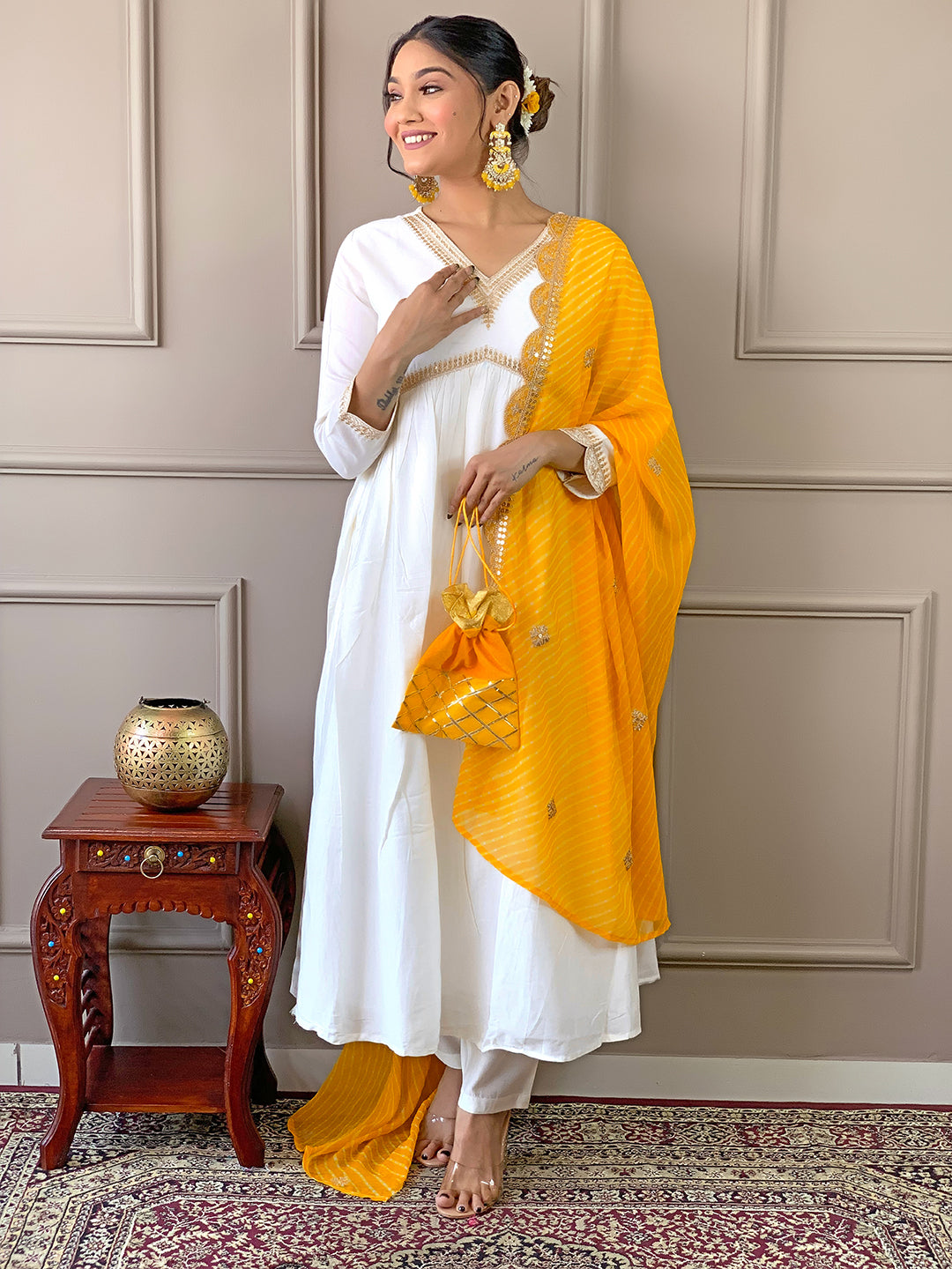 The52 Women's Gorgeous Embroidery Chandrei Fabric Straight Kurta, Pant and Dupatta Set