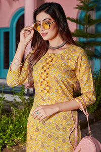 Thumbnail for Malishka Women's Yellow Cotton Blend Digital Print & Handwork Kurta Set