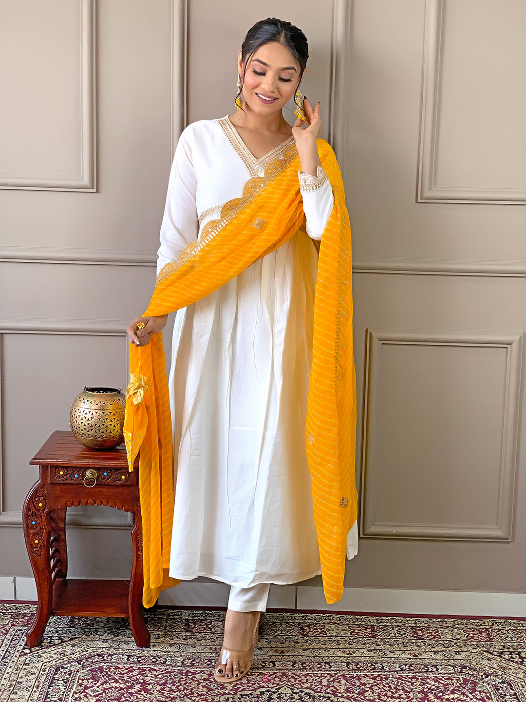 The52 Women's Gorgeous Embroidery Chandrei Fabric Straight Kurta, Pant and Dupatta Set