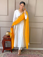 Thumbnail for The52 Women's Gorgeous Embroidery Chandrei Fabric Straight Kurta, Pant and Dupatta Set