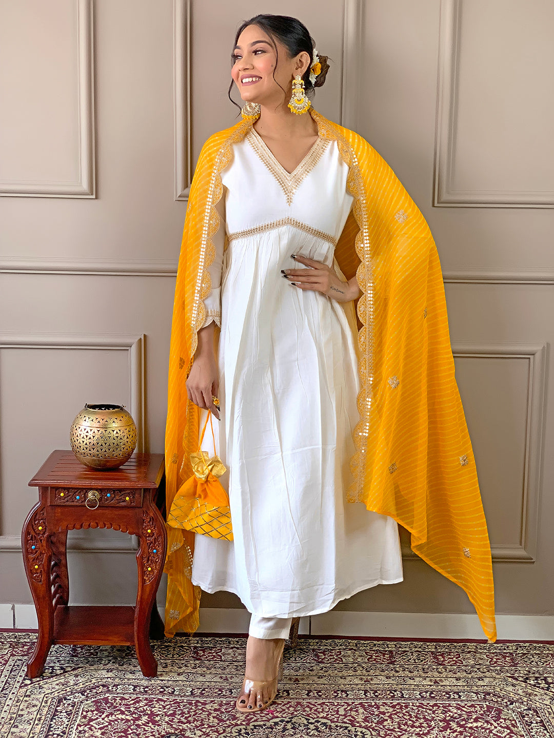 The52 Women's Gorgeous Embroidery Chandrei Fabric Straight Kurta, Pant and Dupatta Set