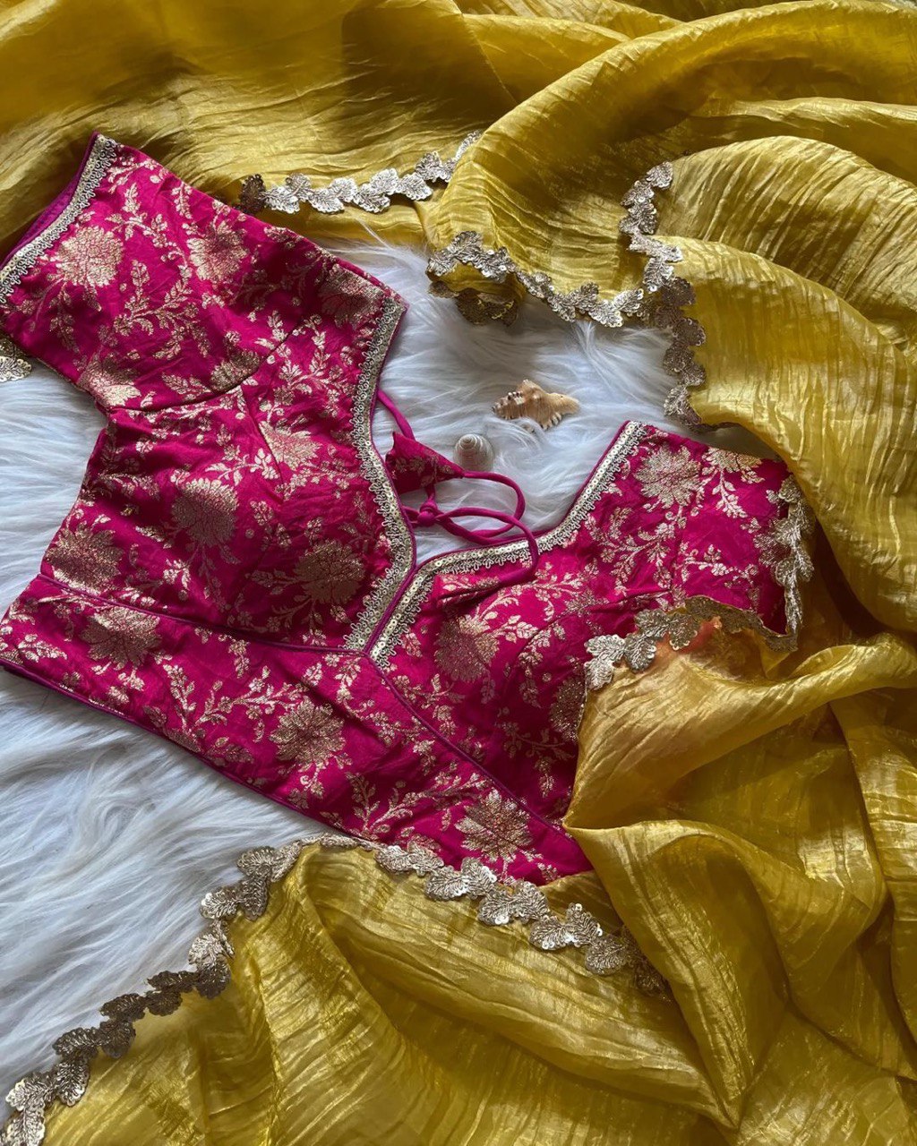 Lorenvalley Fashion Premium Yellow Rani Tissue Crush Saree with Jacquard Weaving Stitched Blouse