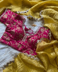 Thumbnail for Lorenvalley Fashion Premium Yellow Rani Tissue Crush Saree with Jacquard Weaving Stitched Blouse