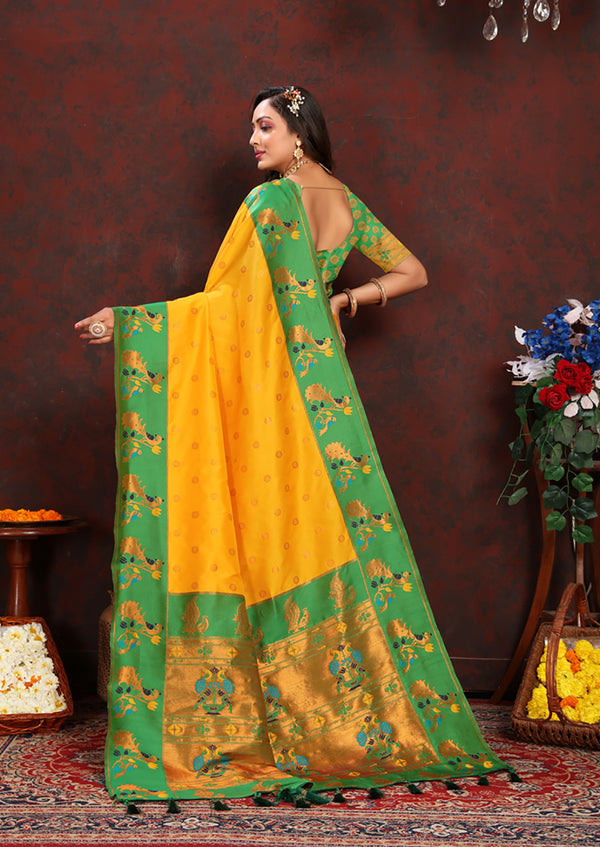 Lorenvalley Fashion Yellow Soft Paithani Silk Woven Design Rich Zari Meenakari Weaving Saree - Distacart