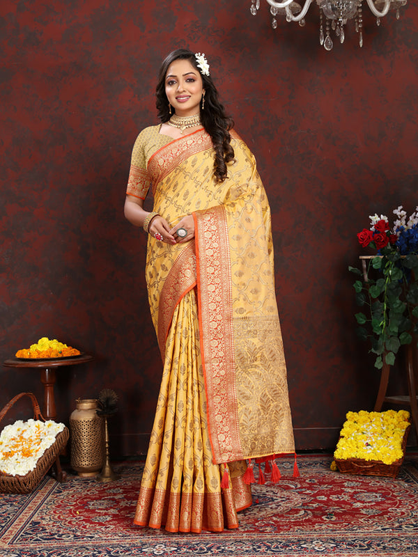 Lorenvalley Fashion Yellow Soft Katan Silk Woven Design Rich Zari Weaving Pallu Saree - Distacart