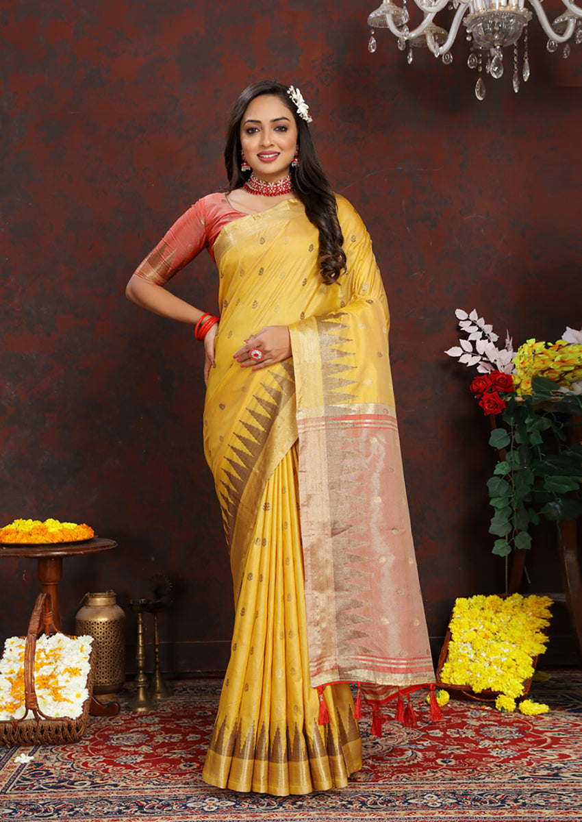 Lorenvalley Fashion Yellow Soft Katan Silk Woven Design Zari Weaving Pallu Saree