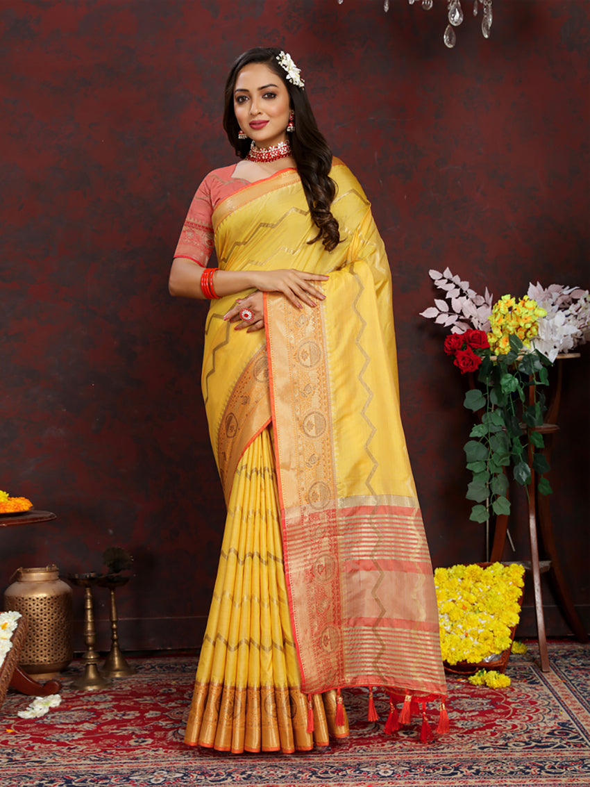 Lorenvalley Fashion Yellow Soft Katan Silk Woven Design Zari Weaving Pallu Saree