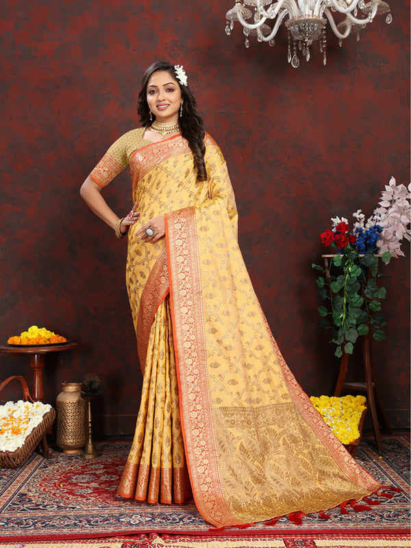 Lorenvalley Fashion Yellow Soft Katan Silk Woven Design Rich Zari Weaving Pallu Saree - Distacart