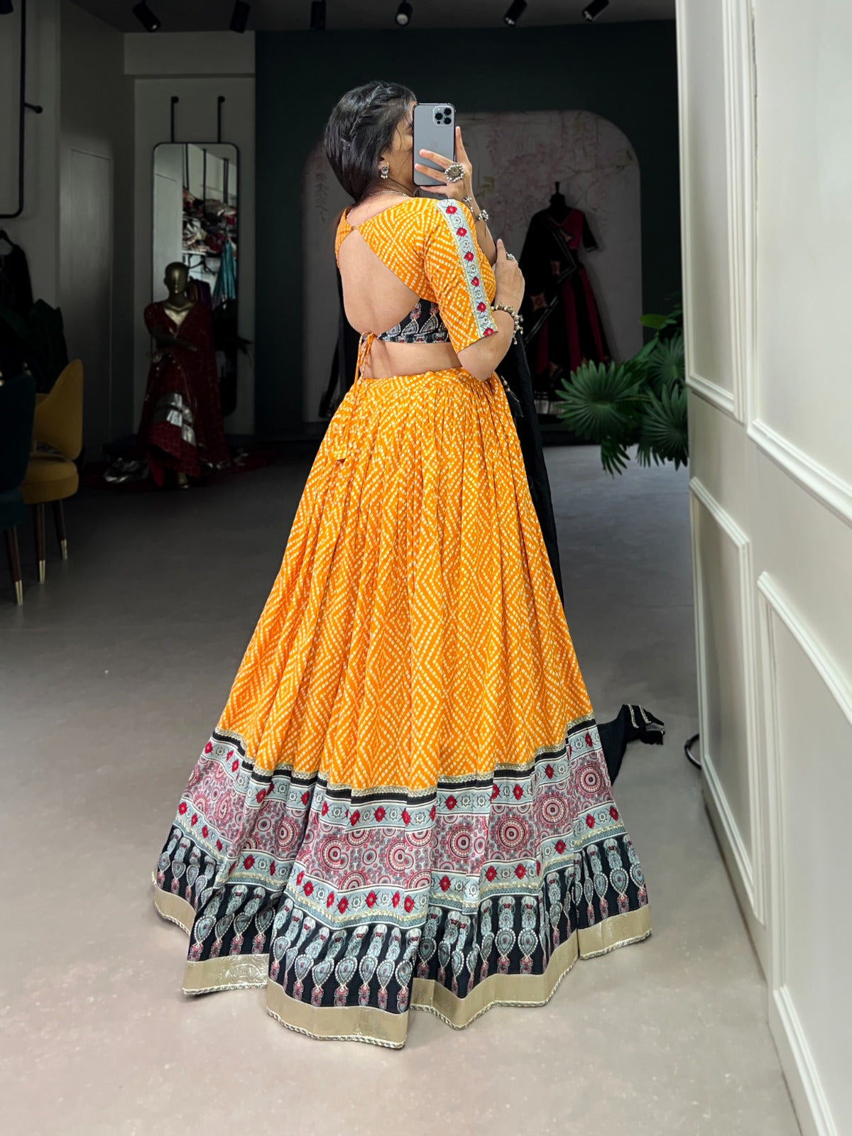 Lorenvalley Yellow Rayon with Bandhej And Ajarakh Print With Embossed Design Gota Lace Touch up Lehenga Choli - Distacart