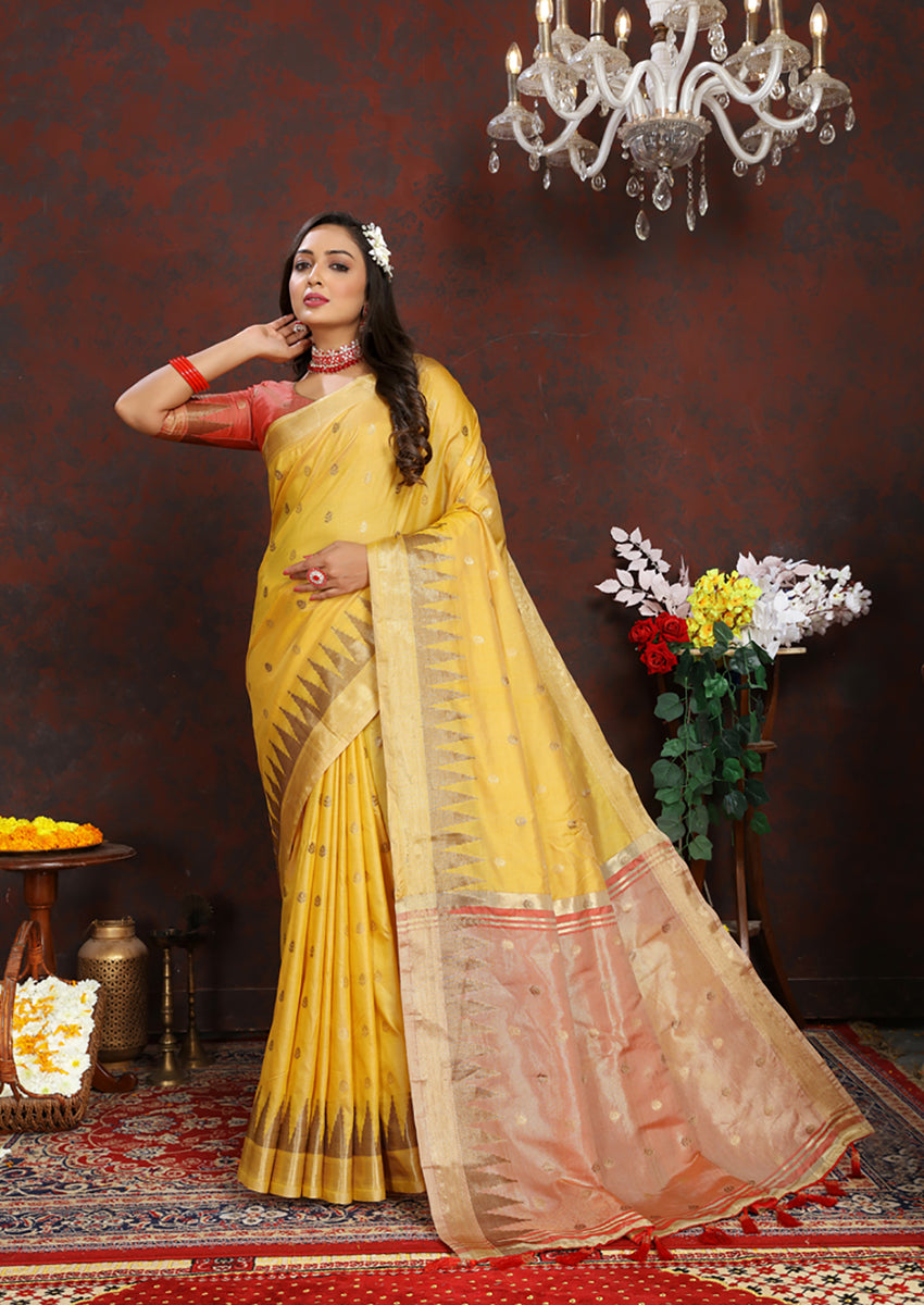 Lorenvalley Fashion Yellow Soft Katan Silk Woven Design Zari Weaving Pallu Saree