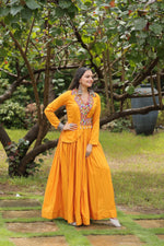 Thumbnail for Lorenvalley Yellow Rayon Fabric With Kutchi Gamthi Work Gown - Distacart