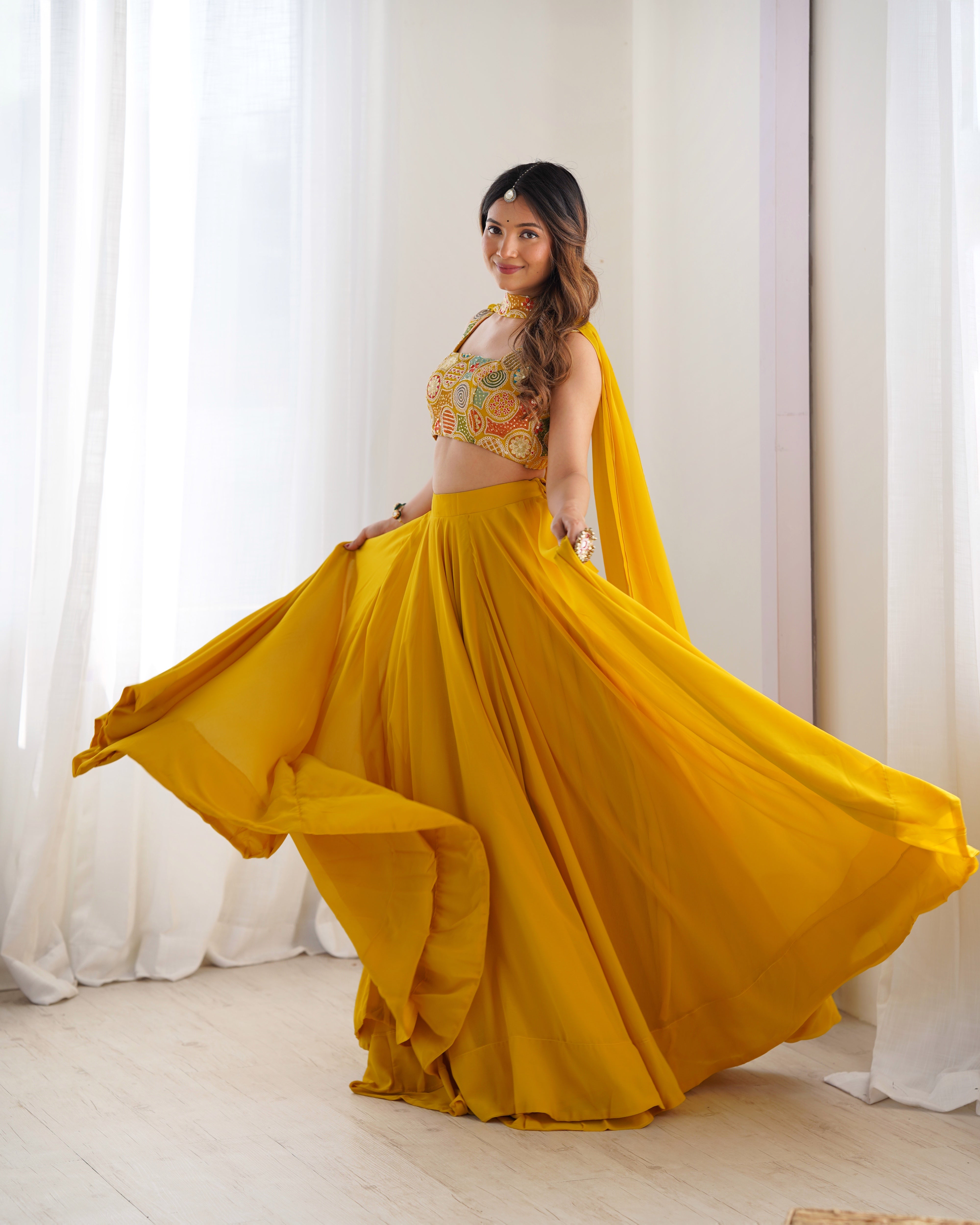 Lorenvalley Yellow Faux Georgette Stitched Lehenga Embroidery Blouse with Dupatta - Distacart