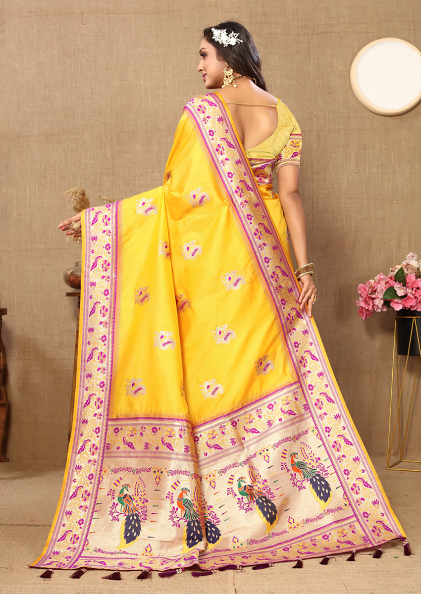 Lorenvalley Fashion Yellow Soft Paithani Silk Woven Design Rich Meenakari Zari Weaving Pallu Saree - Distacart