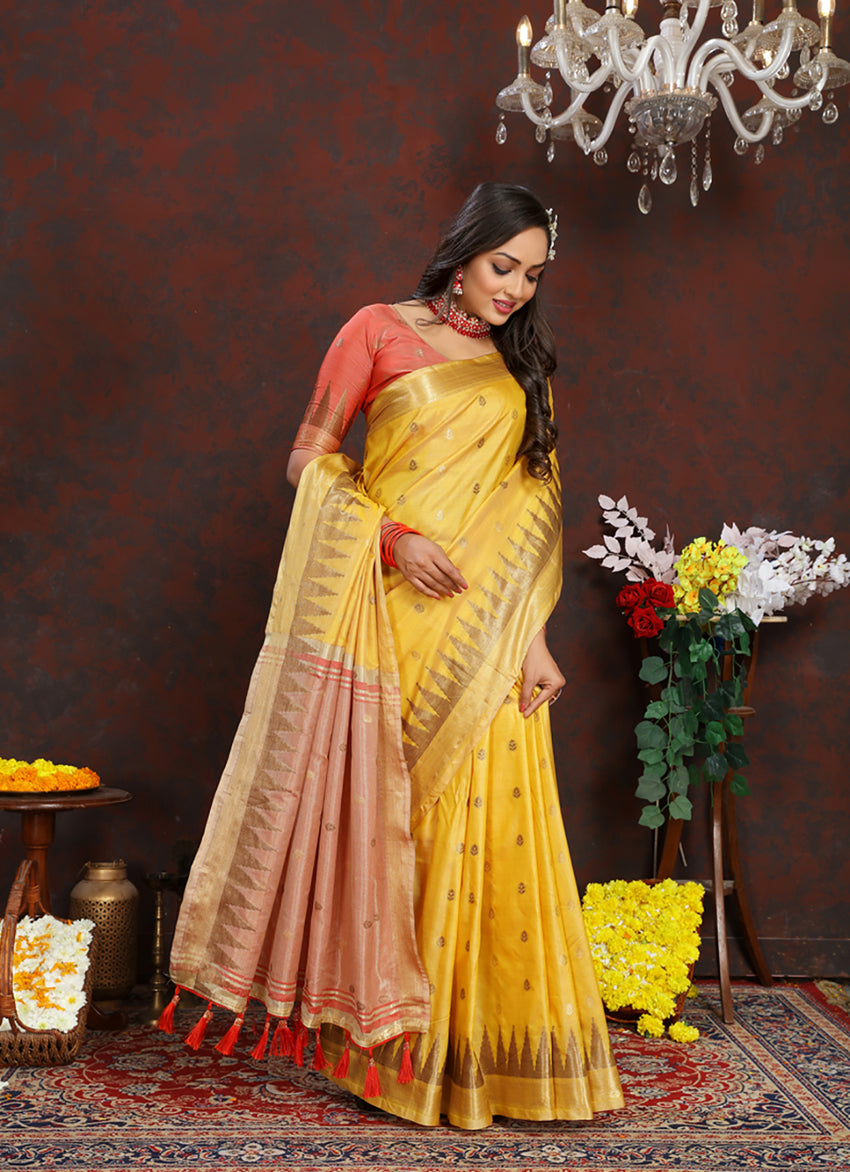 Lorenvalley Fashion Yellow Soft Katan Silk Woven Design Zari Weaving Pallu Saree