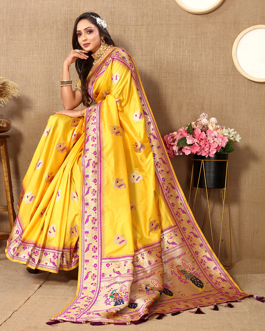 Lorenvalley Fashion Yellow Soft Paithani Silk Woven Design Rich Meenakari Zari Weaving Pallu Saree - Distacart
