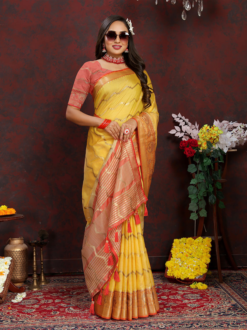 Lorenvalley Fashion Yellow Soft Katan Silk Woven Design Zari Weaving Pallu Saree