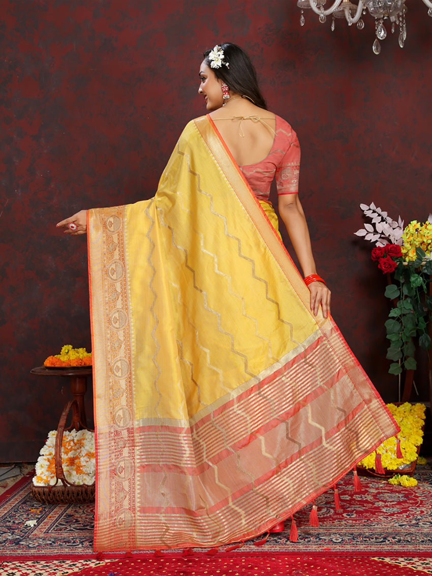 Lorenvalley Fashion Yellow Soft Katan Silk Woven Design Zari Weaving Pallu Saree
